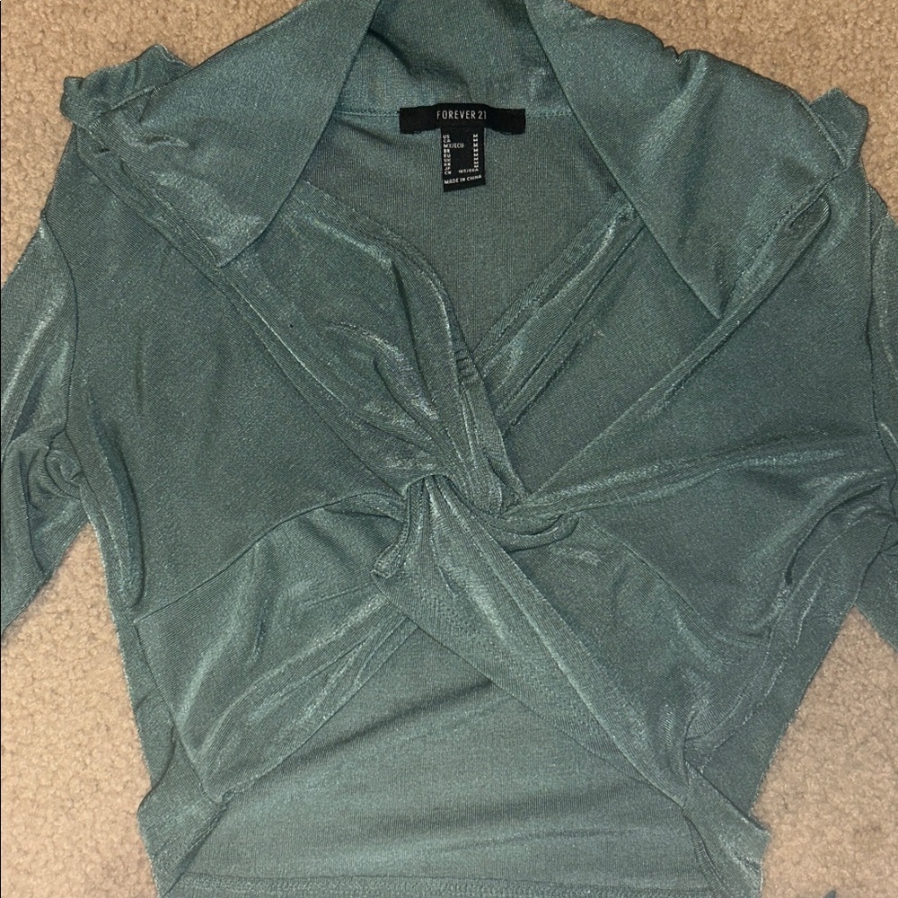 Teal long sleeve crop top and satin maxi skirt matching set - Picture 2 of 6